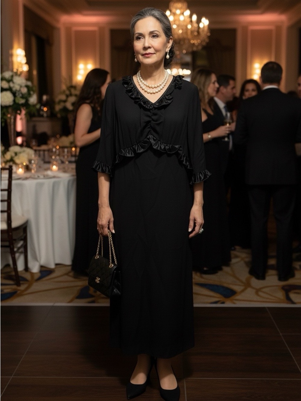 Vintage Black Ruffle-Trim Maxi Dress with Three-Quarter Sleeves